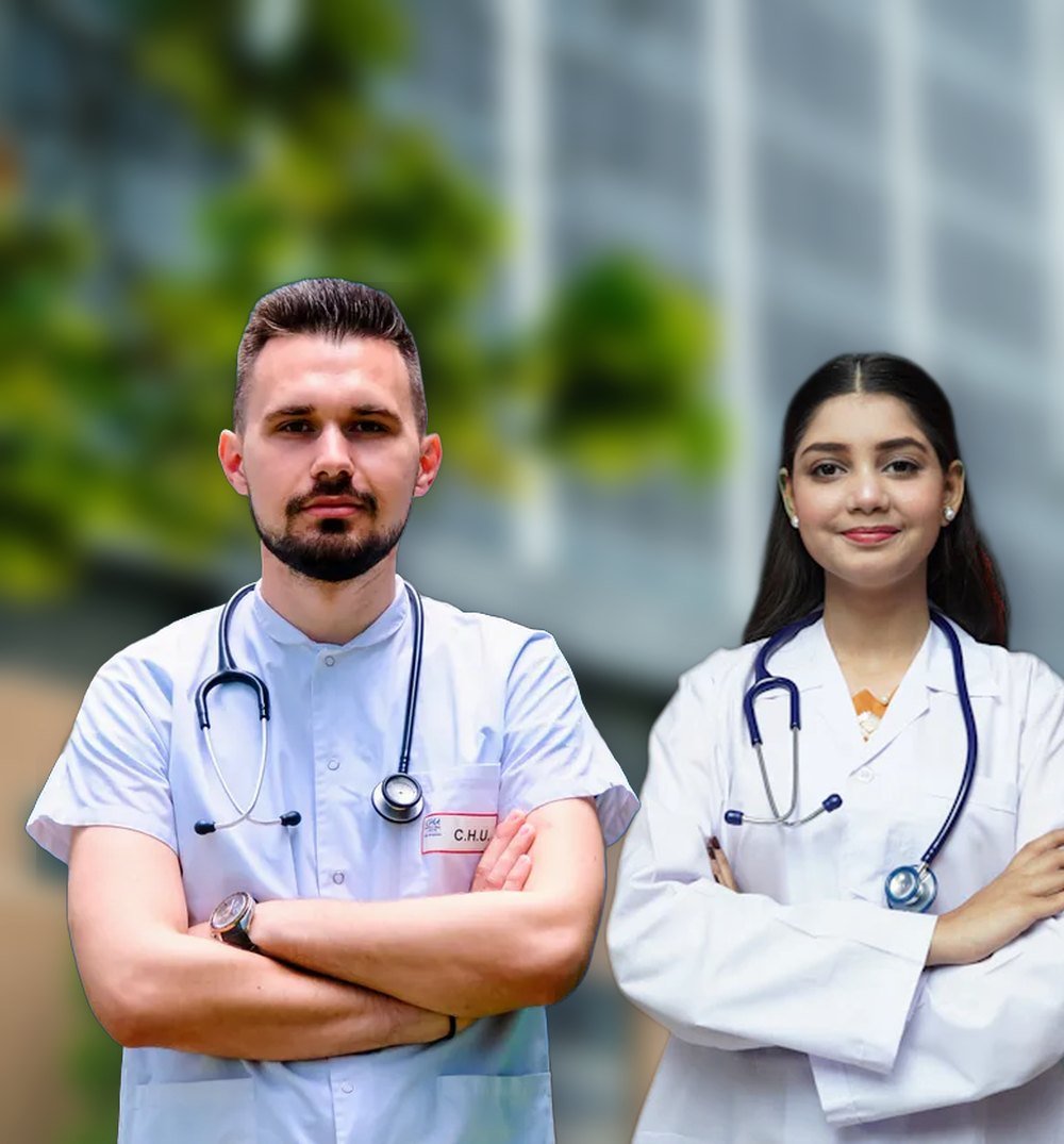 A male and a female doctor in front of a hospital